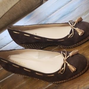 Ralph Lauren brown shoes with gold wedge.